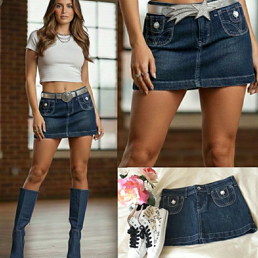 D&G Denim Skirt ❤Y2K Love Affair Mini Skirt🔥Dark Wash Blue With Mini Pockets